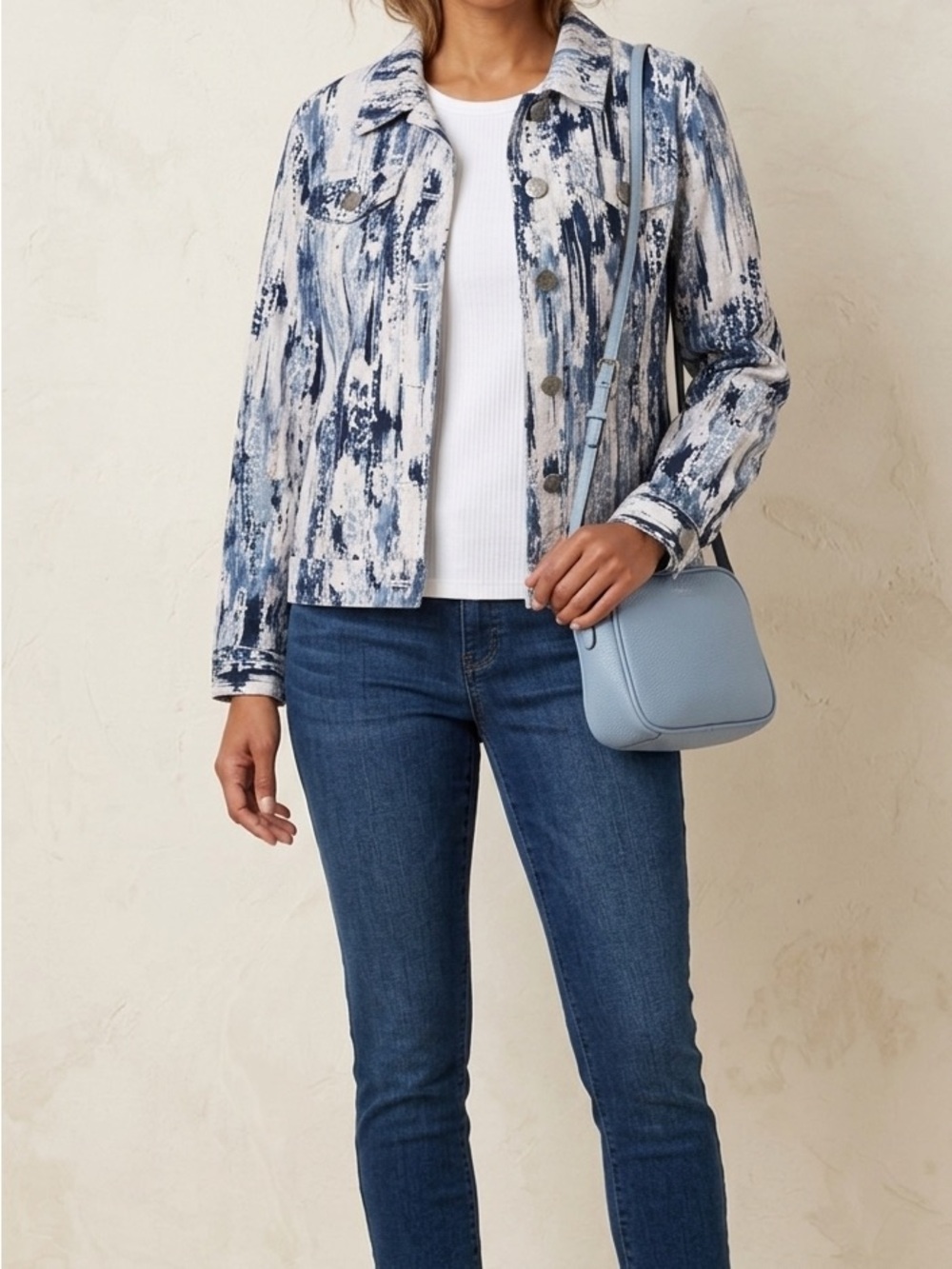 Christopher & Banks Abstract Brushstroke Jean Jacket Cotton Size S Blue White